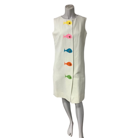 Vintage Dresses & Skirts - Vtg 80s Waffle Knit Big Buttons Fish Embroidery Dress